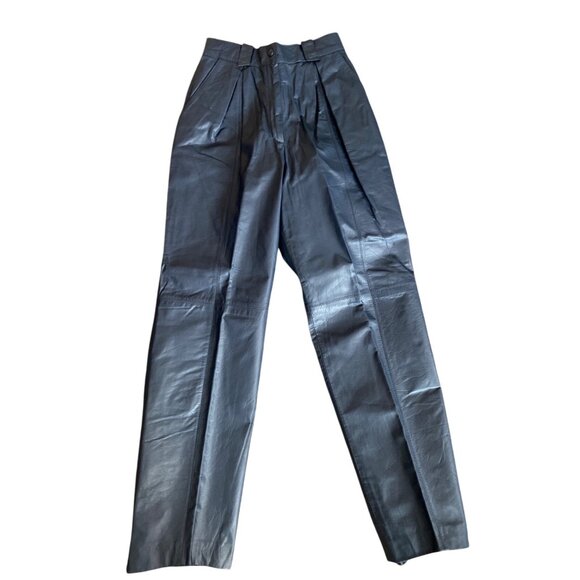Vintage 80s Navy Blue Leather High Waist Pleated Tapered Pants Korea Sz 4 - Picture 1 of 15